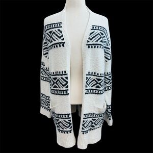 Joie White & Black Aztec Intarsia Longline Open Front Sweater Cardigan Large